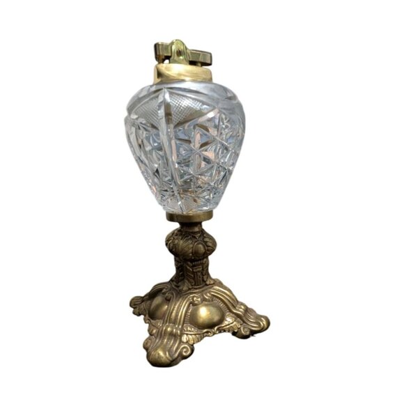 Vintage Brass Cut Glass Table Lighter with Ornate brass Base - Picture 8 of 12